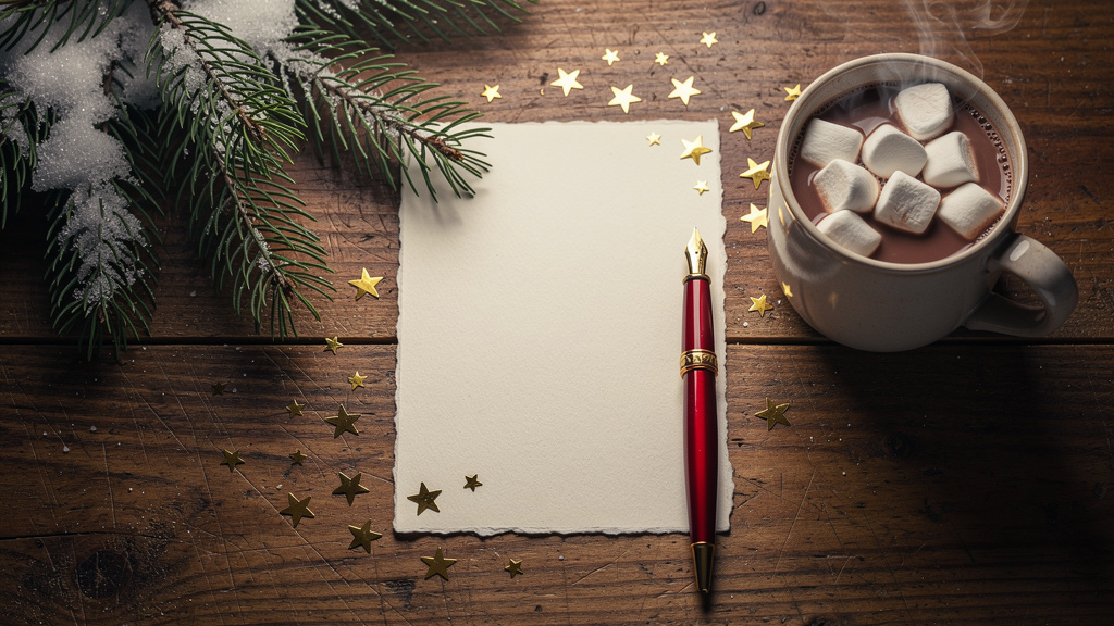 Writing desk with festive stationery and holiday decorations