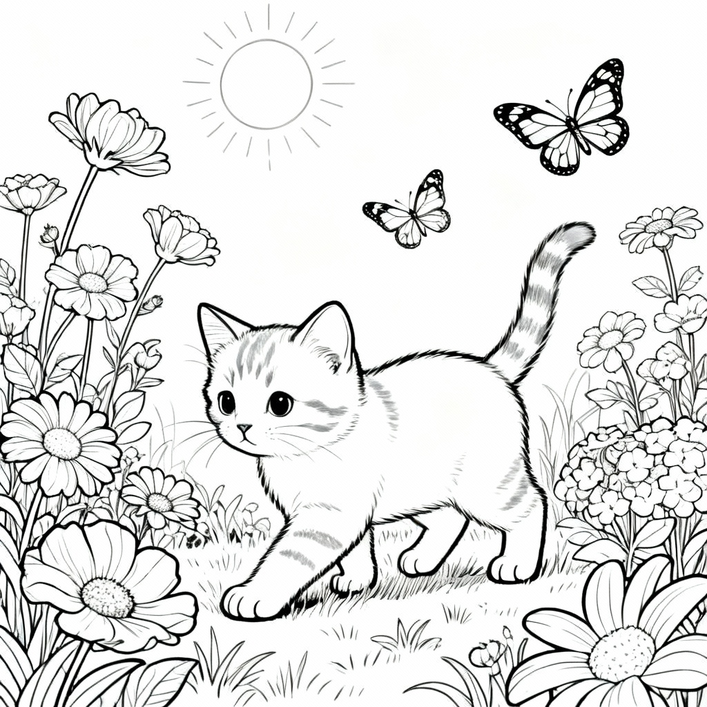 Kitten in Garden Coloring Page