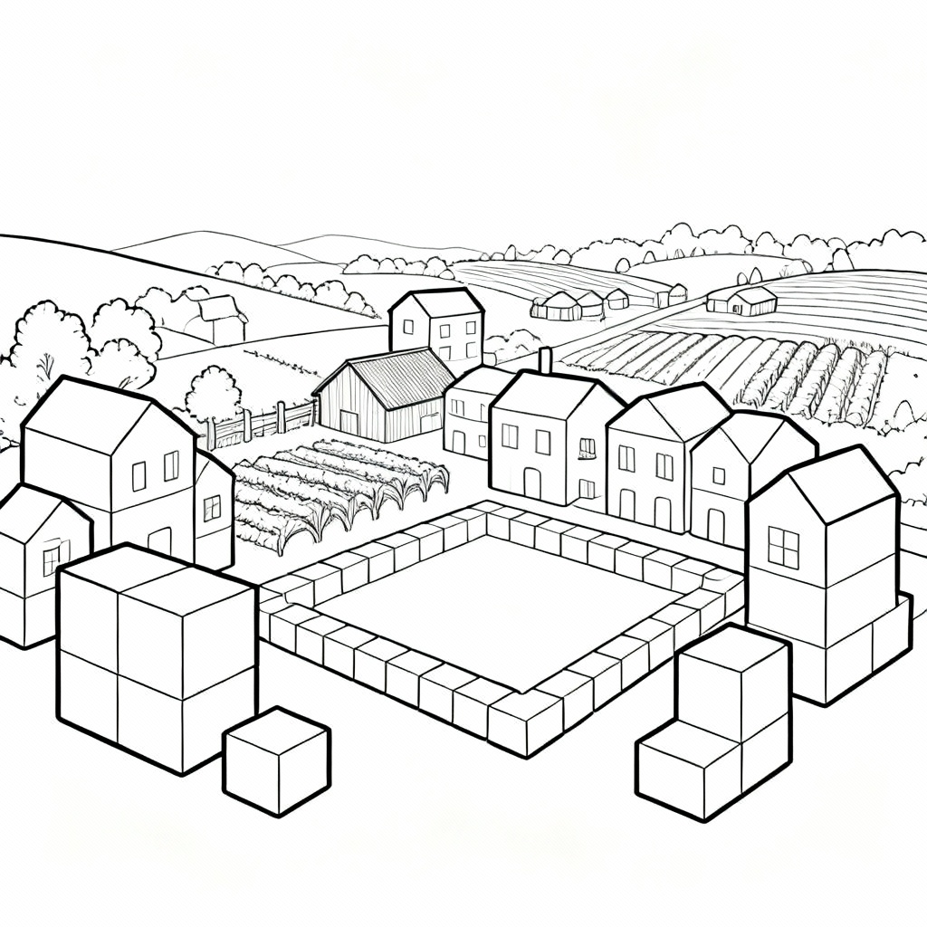 Cube Village Coloring Page