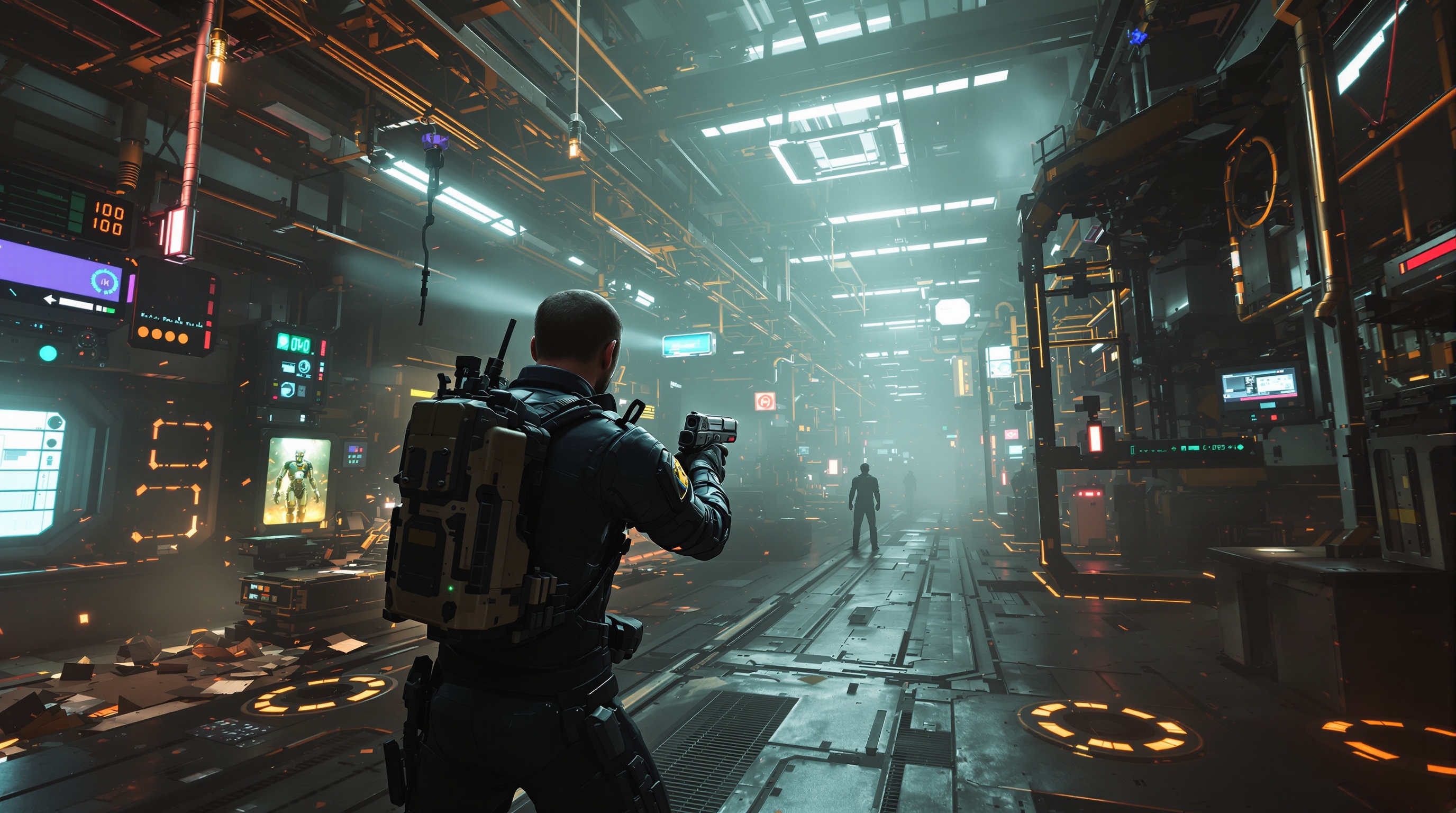 Entorno industrial distópico en Safety Corp. VR con iluminación volumétrica