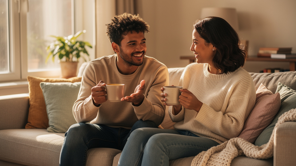 Friends having supportive conversation over coffee at home