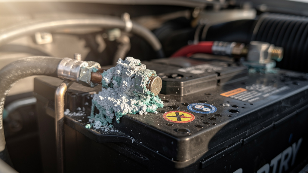 Corroded battery terminals showing replacement warning signs