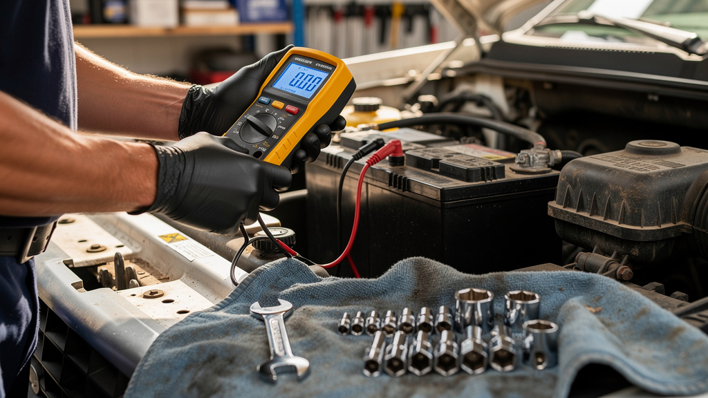Technician testing car battery with digital multimeter