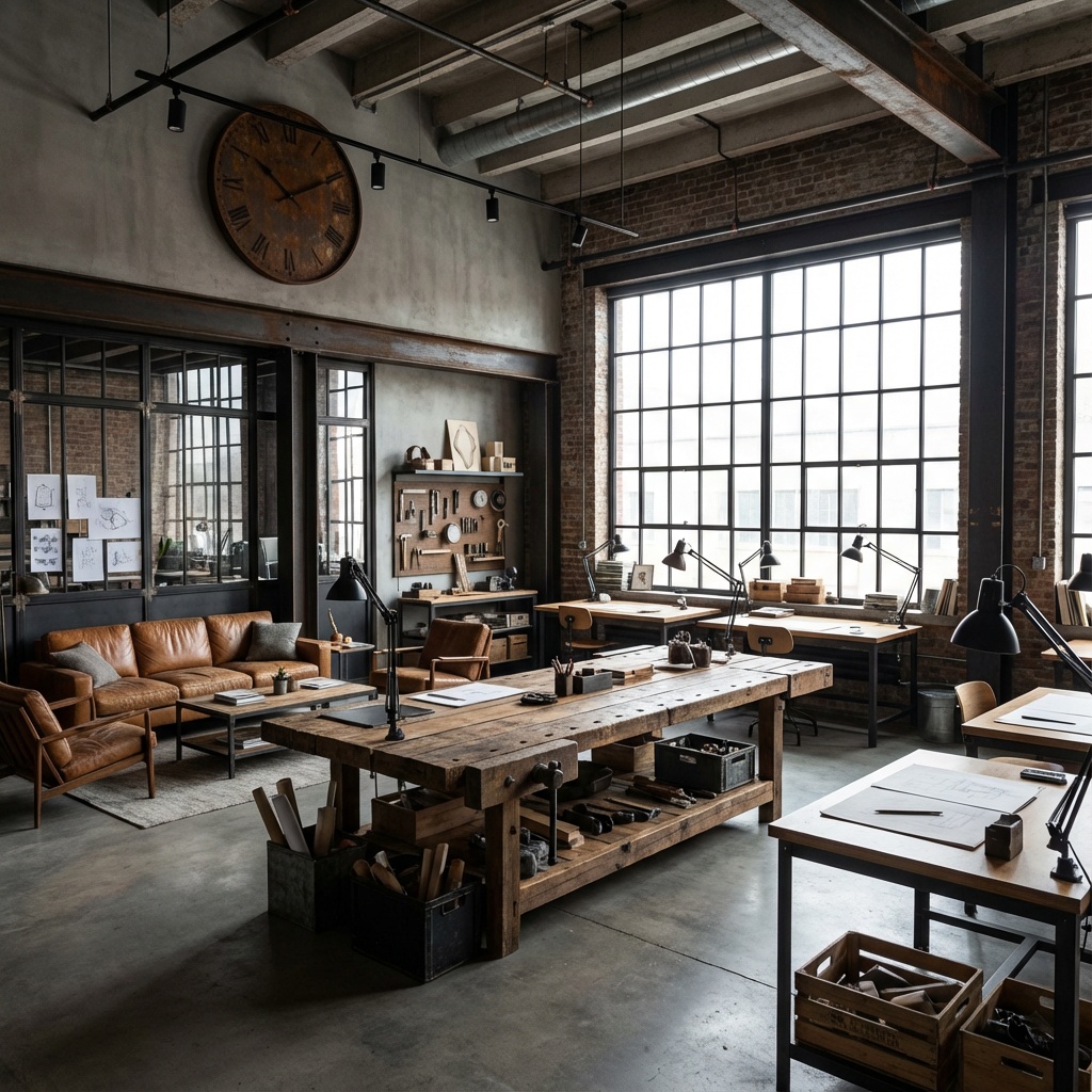 An incredibly lifelike, richly detailed, photorealistic interior photo of a workshop set in an industrial loft. The scene is illuminated by the diffused light of an overcast day pouring through a vast window wall, creating a thoughtful and focused atmosphere. Captured with a wide-angle lens, emphasizing the rugged textures of concrete flooring, exposed brickwork, and dark metal accents. This reimagined workshop embraces an industrial urban aesthetic, featuring a sturdy, reclaimed wood communal workbench as the central focus, flanked by individual drafting tables with integrated task lighting. A plush, vintage leather sofa sits in a cozy corner, inviting breaks and collaboration. Exposed steel beams crisscross the high ceiling, with minimalist track lighting highlighting workstations and a striking, oversized wall clock with a rust-colored frame. The color palette is dominated by shades of black, gray, and a warm rust, creating a grounded yet inspiring environment. This space feels like a blend of a productive studio and a comfortable lounge, perfectly suited for creative hands-on work.