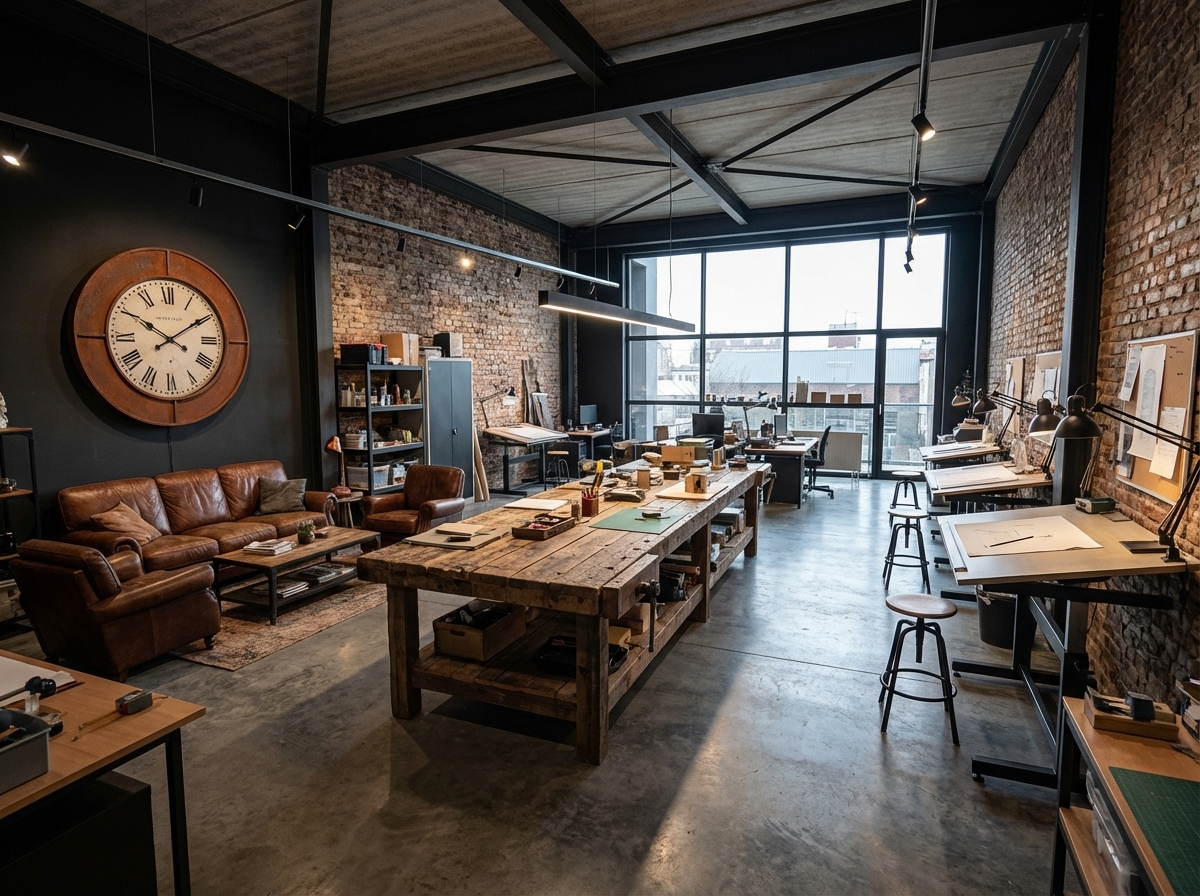 An incredibly lifelike, richly detailed, photorealistic interior photo of a workshop set in an industrial loft. The scene is illuminated by the diffused light of an overcast day pouring through a vast window wall, creating a thoughtful and focused atmosphere. Captured with a wide-angle lens, emphasizing the rugged textures of concrete flooring, exposed brickwork, and dark metal accents. This reimagined workshop embraces an industrial urban aesthetic, featuring a sturdy, reclaimed wood communal workbench as the central focus, flanked by individual drafting tables with integrated task lighting. A plush, vintage leather sofa sits in a cozy corner, inviting breaks and collaboration. Exposed steel beams crisscross the high ceiling, with minimalist track lighting highlighting workstations and a striking, oversized wall clock with a rust-colored frame. The color palette is dominated by shades of black, gray, and a warm rust, creating a grounded yet inspiring environment. This space feels like a blend of a productive studio and a comfortable lounge, perfectly suited for creative hands-on work.