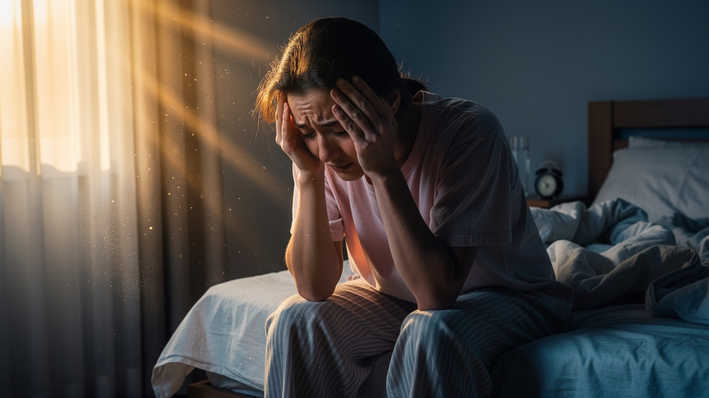 Person experiencing severe morning headache discomfort