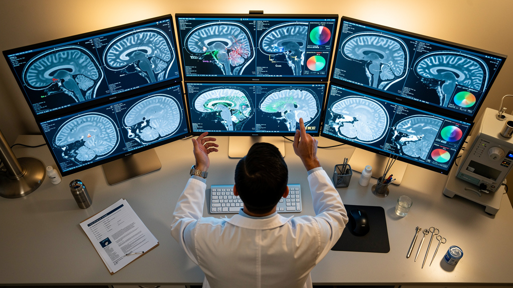 Neurosurgeon reviewing detailed brain scan images