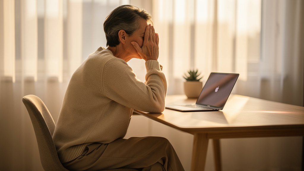 Person practicing palming eye relaxation exercise at desk