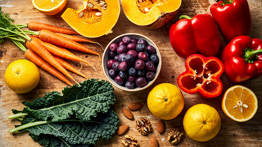 Fresh vegetables and fruits rich in eye-healthy vitamins