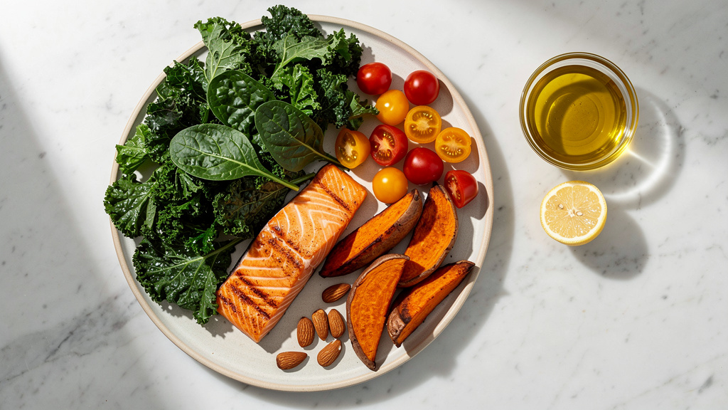Balanced meal plate with eye-healthy nutrients and vegetables