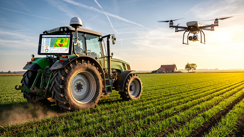 GPS-guided tractor and drone monitoring wheat field growth