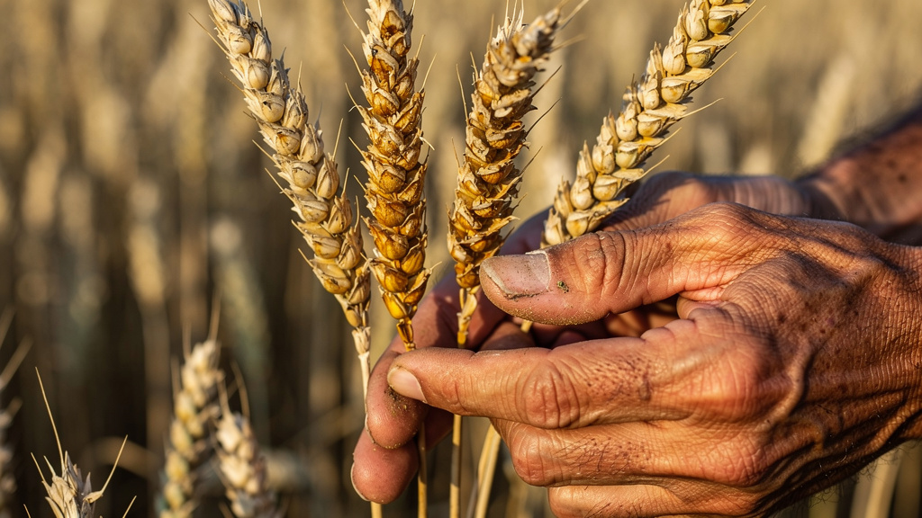 Farmer examining heat-damaged wheat kernels in field