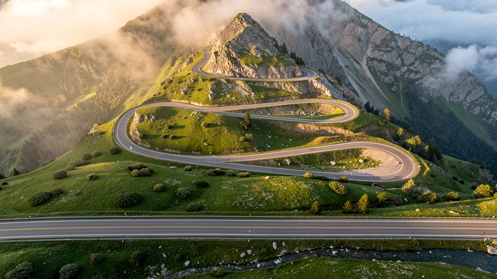 Autonomous AI agents navigating a mountain road ascending through four progressive difficulty levels