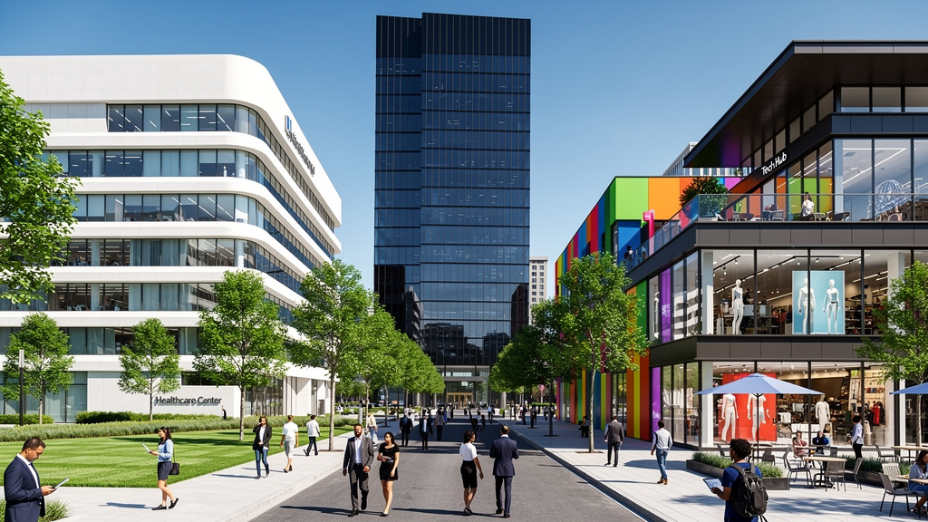 Diverse business district showing healthcare finance retail technology buildings