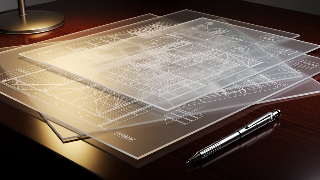 Layered architectural blueprints showing complex system design frameworks