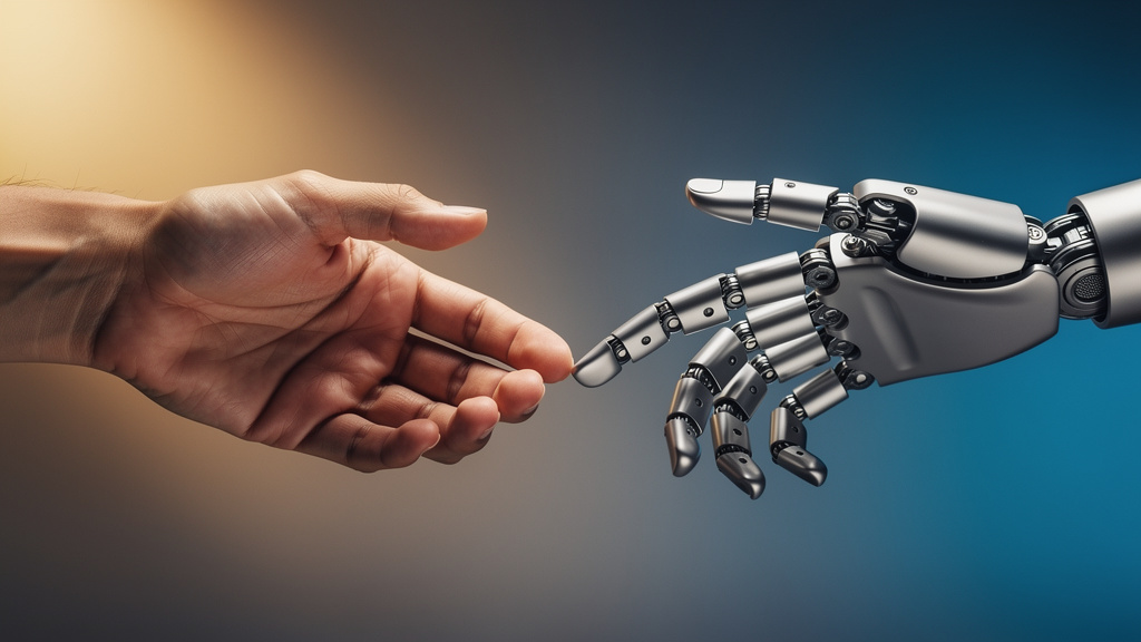 Human and robotic hands reaching together symbolizing collaborative partnership