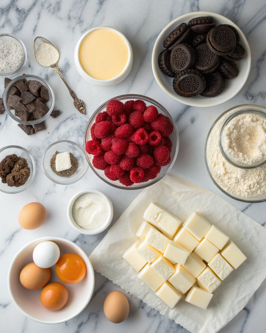 White chocolate raspberry cheesecake bars ingredients including Oreo cookies, cream cheese, white chocolate, and fresh raspberries arranged on a marble countertop
