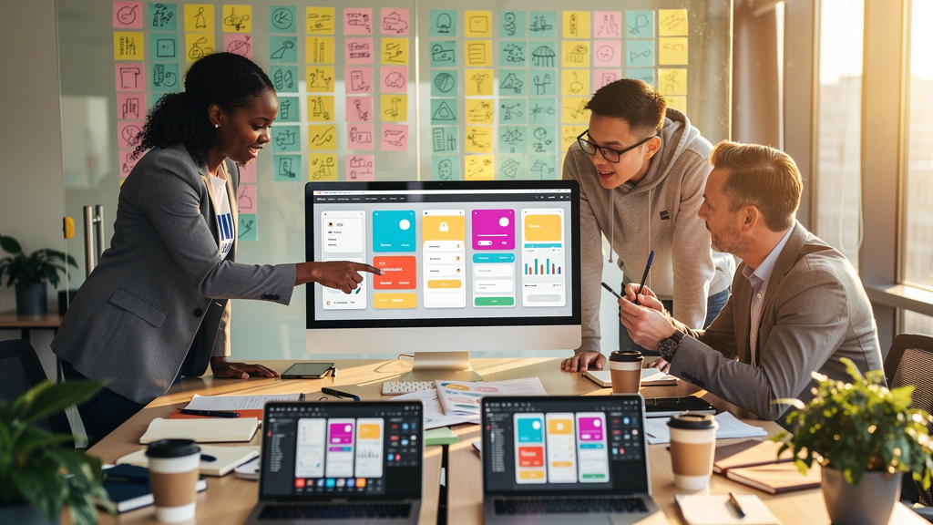 Agile development team collaborating on mobile app design