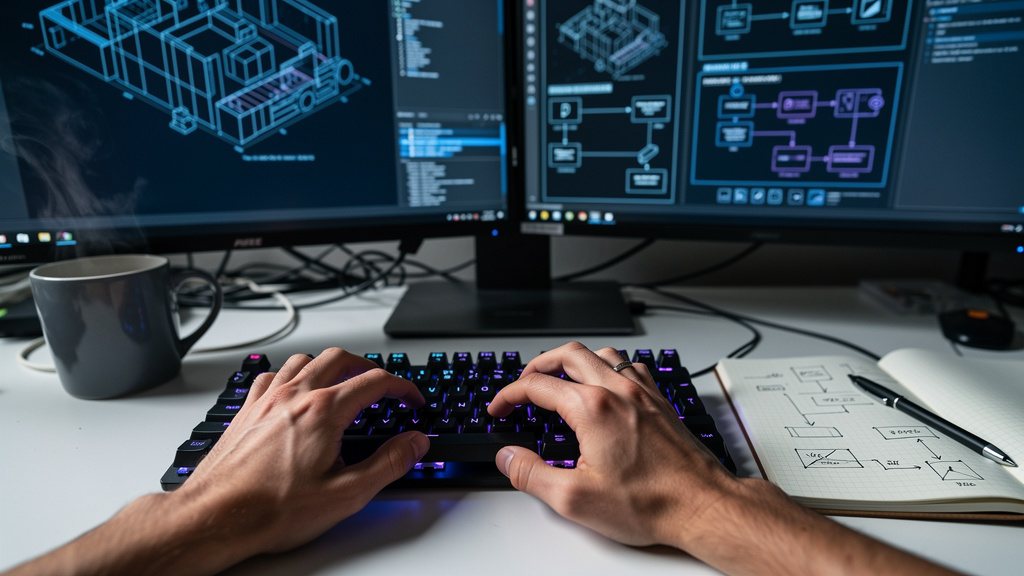 Developer demonstrating technical expertise with code and architecture