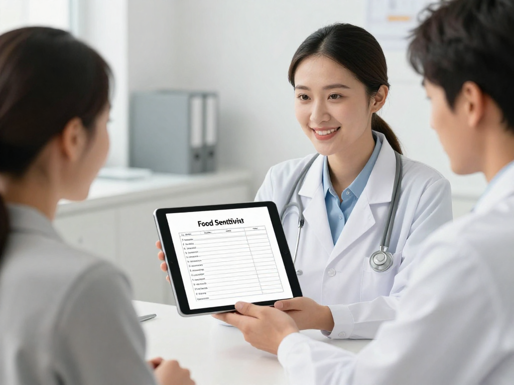 A doctor or nutritionist (friendly and professional) showing a patient a personalized food sensitivity test report on a tablet, with a clean, modern clinic background. The patient is engaged and hopeful. The style should be professional and inviting.