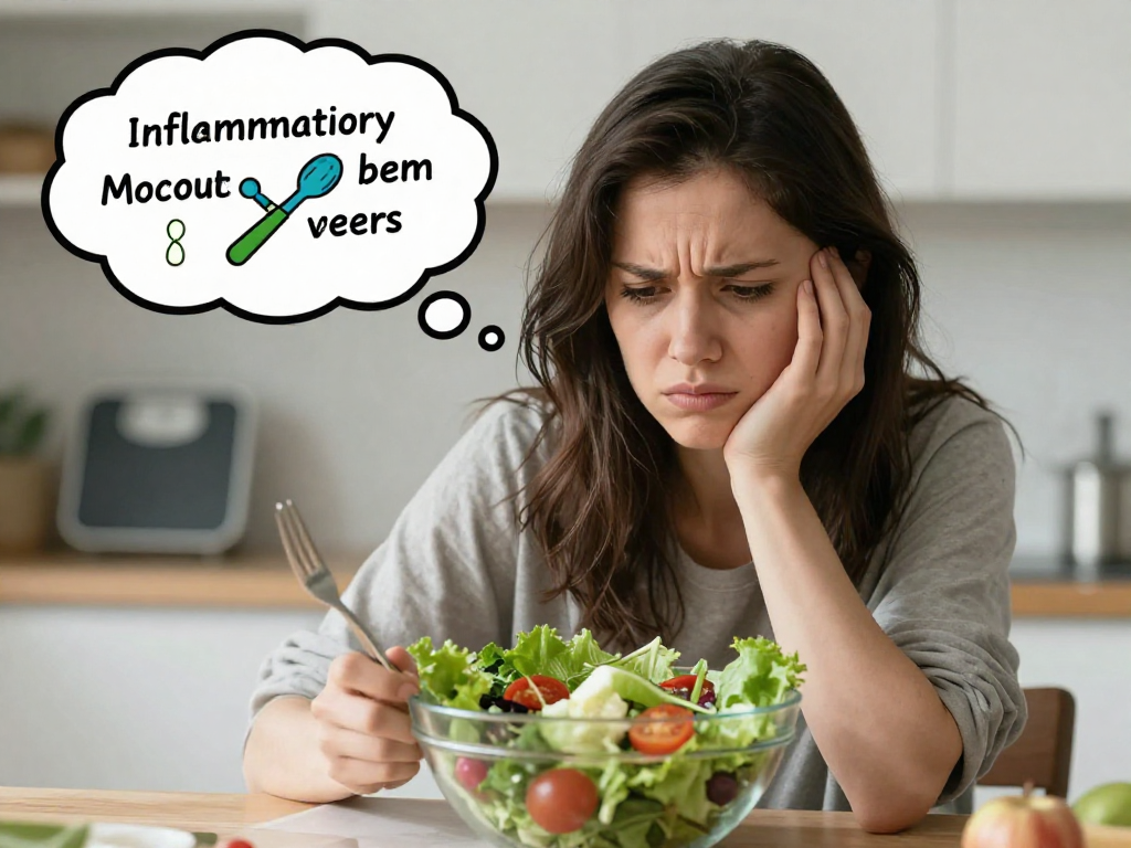 A frustrated woman looking at a salad, with a thought bubble showing inflammatory markers and a scale not moving, illustrating the struggle of weight loss with unaddressed food sensitivities. The style should be realistic and slightly desaturated, with a focus on her expression of exasperation.