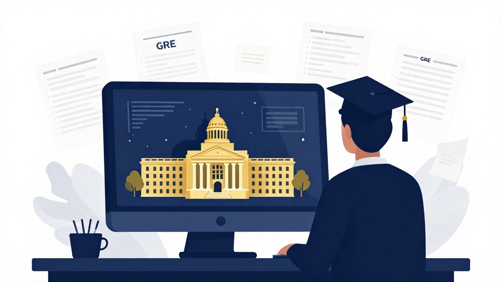 2026 美國電腦科學碩士免 GRE 入學趨勢圖，顯示從傳統 GRE 標準化測驗轉向全人審查的典範轉移，包含 Stanford Berkeley 等頂尖大學校徽與消失的 GRE 試卷符號