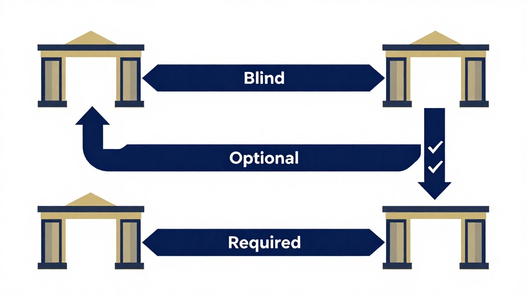 美國大學 GRE 政策三種類型比較圖：完全不審閱 Blind、選擇性提交 Optional、強制要求 Required 的差異解析與策略建議
