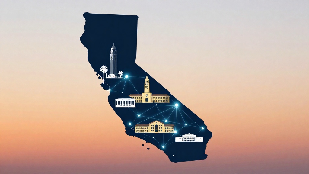 加州大學系統 UC System 電腦科學碩士分布地圖，標示 Berkeley UCLA UCSD UCI UC Davis 等校區位置、排名與免 GRE 政策