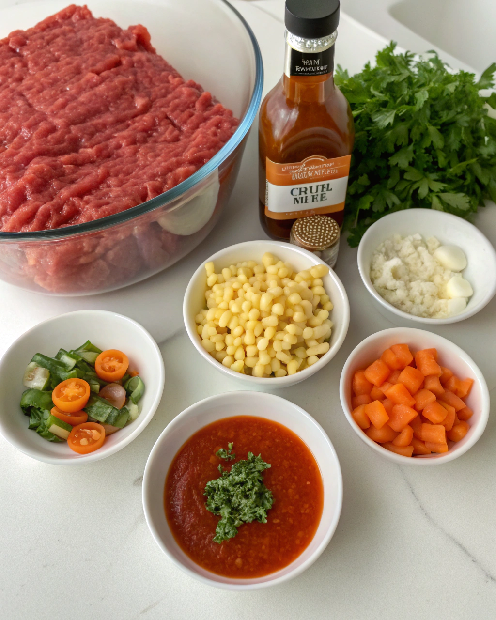 Fresh ingredients for goulash soup including ground beef, onions, carrots, tomato sauce, and elbow macaroni arranged on a wooden cutting board