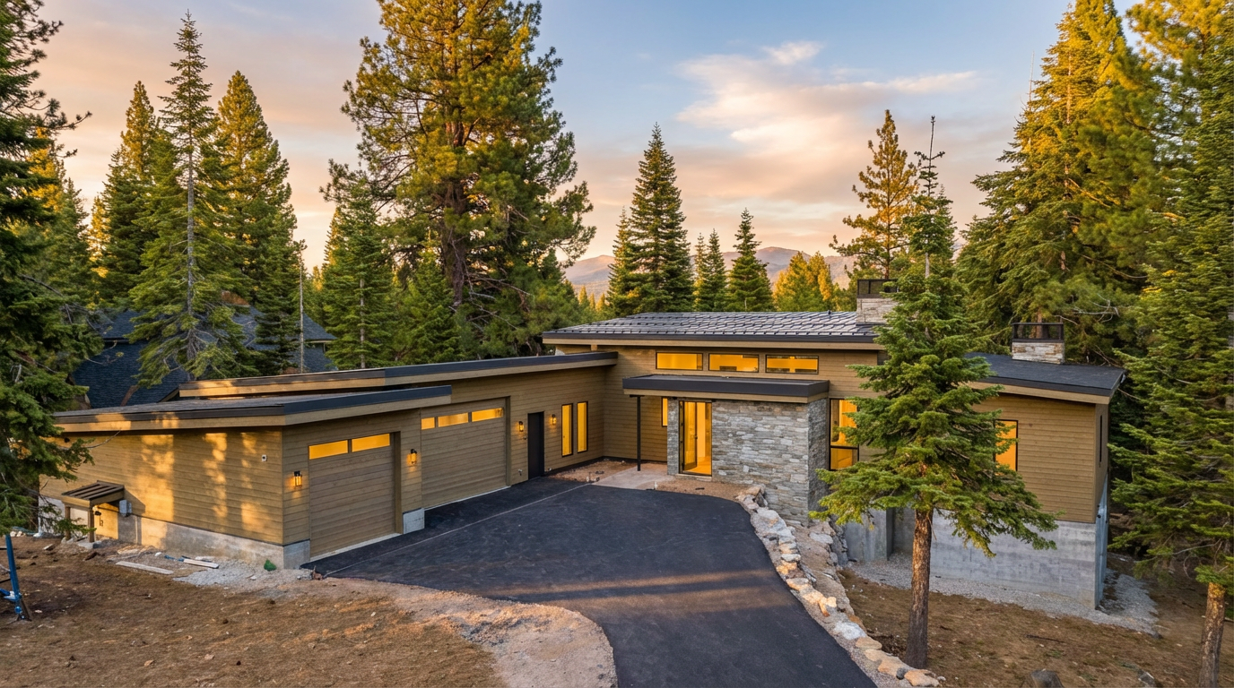 This is an exterior front view of a contemporary home. The house features a combination of brown wood siding and stone accents. There is a paved driveway leading up to a two-car garage. The landscaping is still in progress, surrounded by tall trees and a bright blue sky.