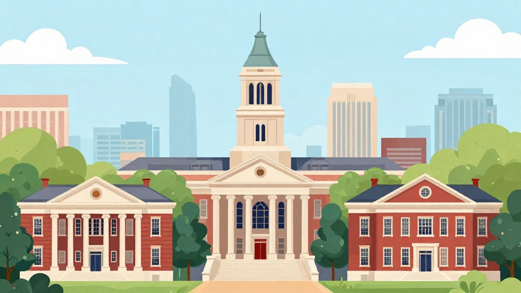 頂級常春藤聯盟大學如哥倫比亞大學、南加州大學、約翰霍普金斯大學的校園建築與全球學術卓越象徵的扁平插畫