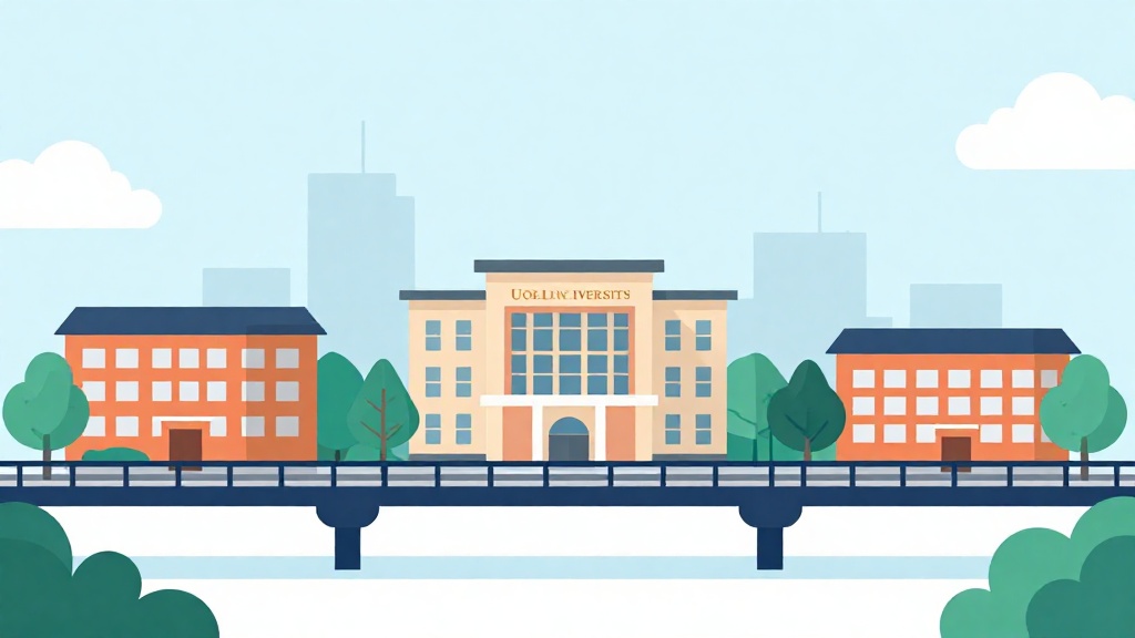 區域型大學高就業率與帶薪實習項目示意圖,展示校園與科技產業之間橋樑連結的扁平插畫
