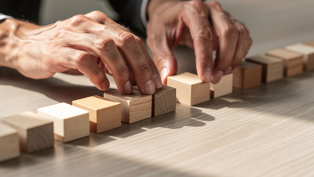 Hands arranging workflow process blocks efficiently