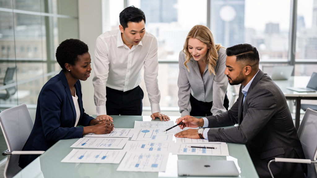 Business team collaborating on workflow analysis