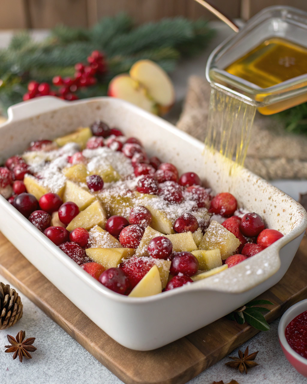 Fresh cranberries, chopped apples, granulated sugar, and melted butter arranged for 4-ingredient cranberry apple holiday casserole preparation