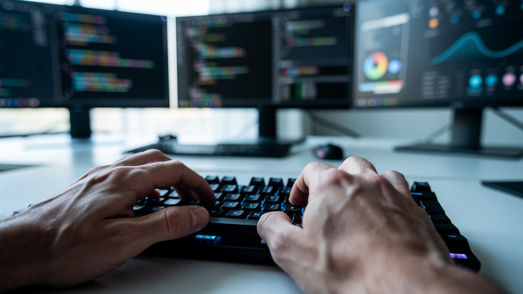 Developer typing code on illuminated keyboard