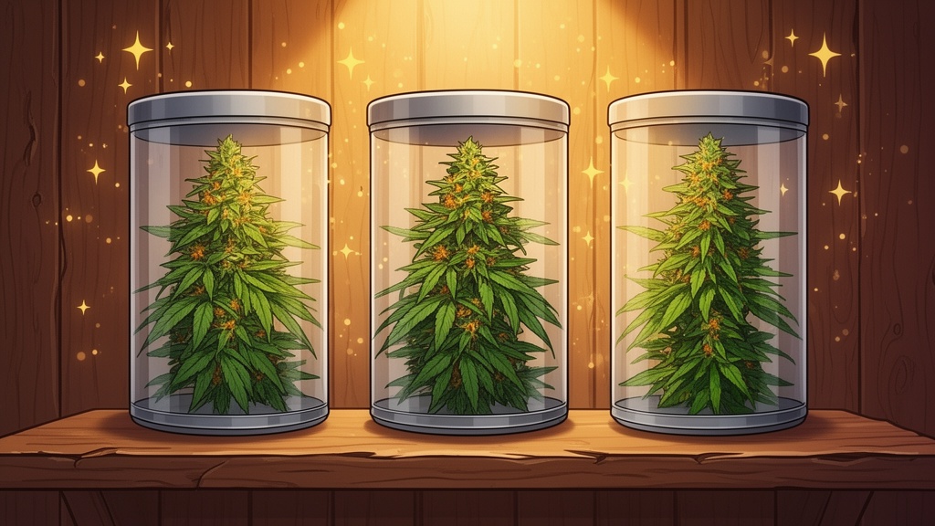 Premium cannabis strain containers on wooden shelf