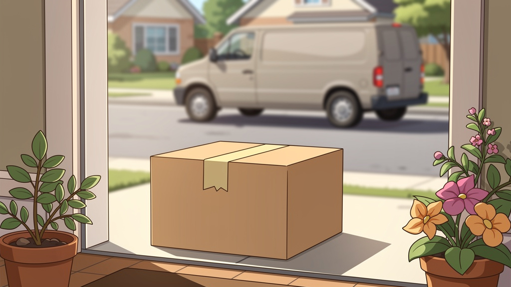 Plain parcel box on doorstep with delivery van