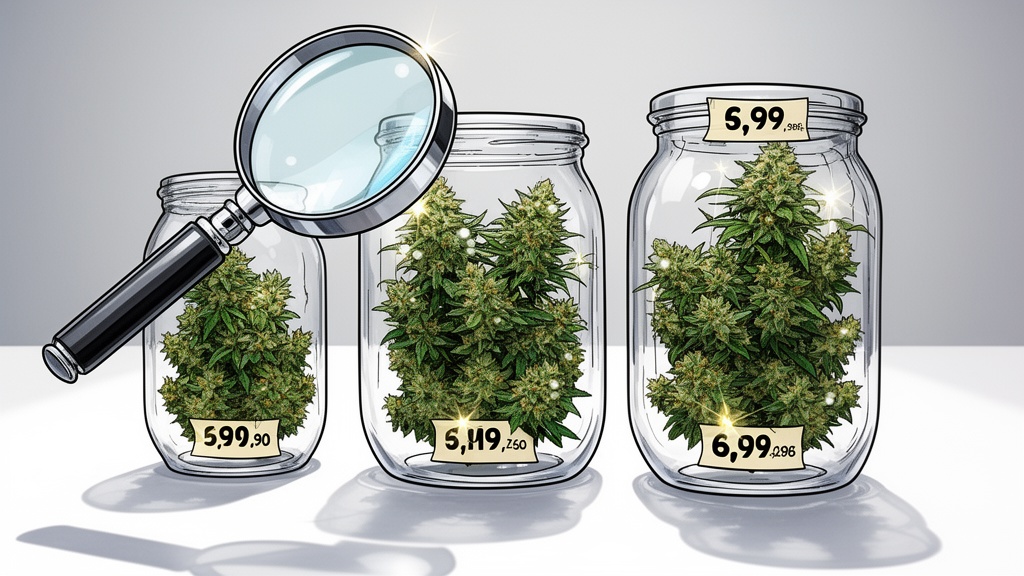 Magnifying glass examining cannabis jars with price tags