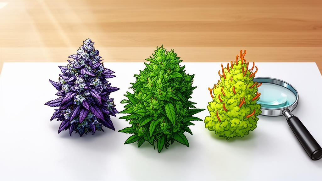 Three cannabis bud types showing indica, sativa, and hybrid characteristics