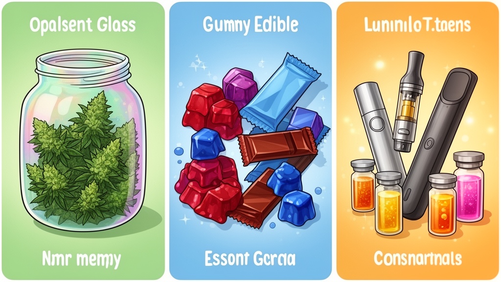Four main cannabis product categories illustrated in cartoon style