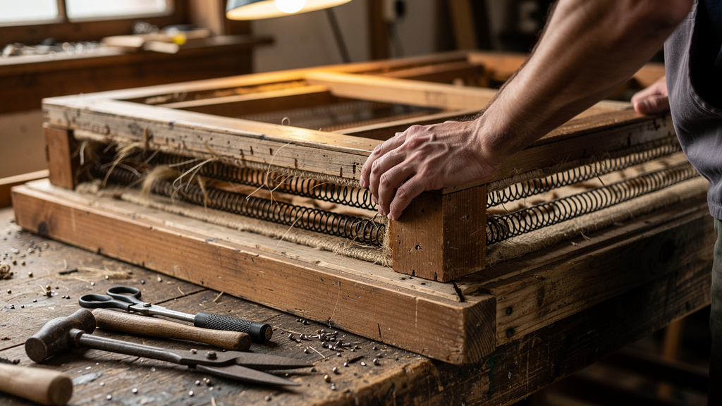 Detailed inspection of furniture frame structure and springs