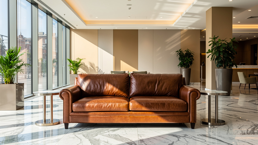 Restored Italian leather furniture in upscale hospitality venue