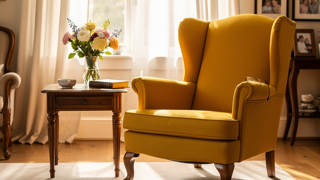 Treasured family armchair professionally reupholstered in modern fabric