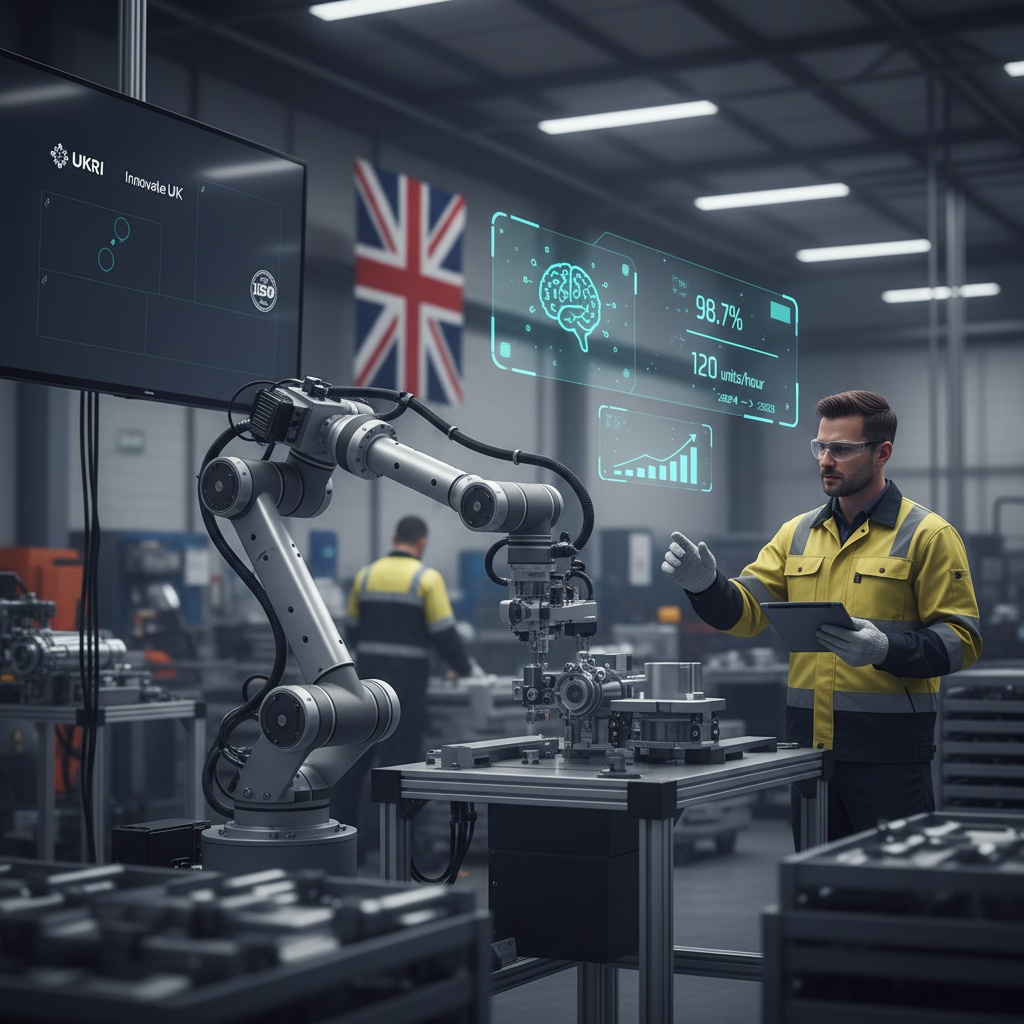 Photorealistic scene inside a modern UK industrial factory: a collaborative robotic arm (cobot) with brushed steel finish is assembling a metal component at a workstation while a human technician in hi-vis jacket and safety glasses monitors on a tablet. Over the workstation, subtle AR-style holographic overlays display AI analytics (simple icons: neural‑network brain, real‑time throughput numbers) and a small upward-trending bar chart labelled “2024 → 2033” (no large text). On a nearby wall-mounted screen are small, clearly legible logos for “UKRI” and “Innovate UK” and a visible ISO 10218 safety badge; a muted Union Jack flag is subtly present in the background. Cool industrial color palette (steel greys, industrial blues), soft cinematic lighting, shallow depth of field with the cobot and technician in sharp focus, wide-angle 35mm perspective, high detail suitable for a blog hero image.
