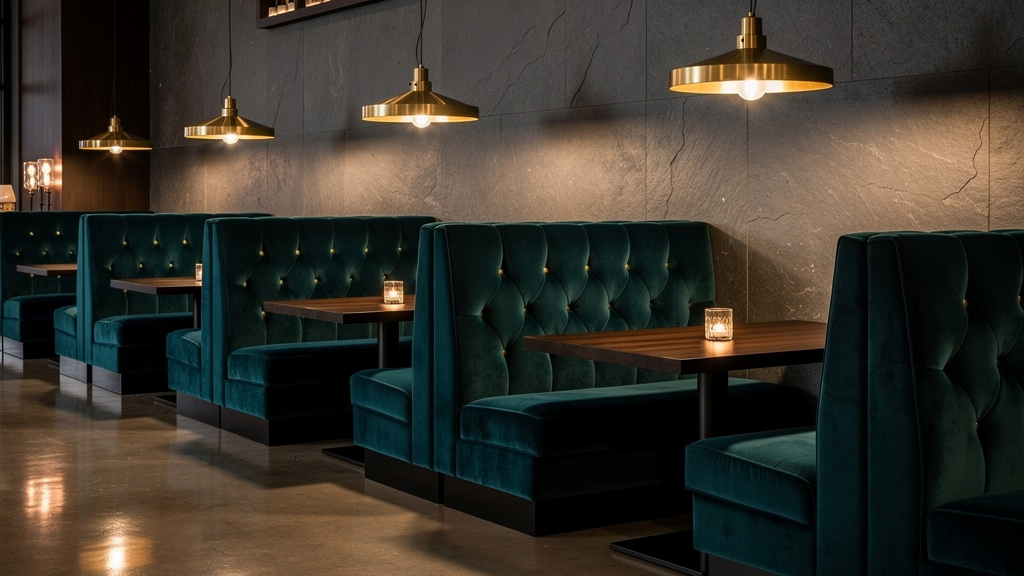 Custom upholstered restaurant booth seating in modern hospitality venue
