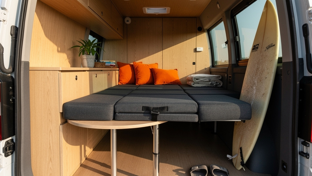 Custom campervan interior with rock and roll bed seating