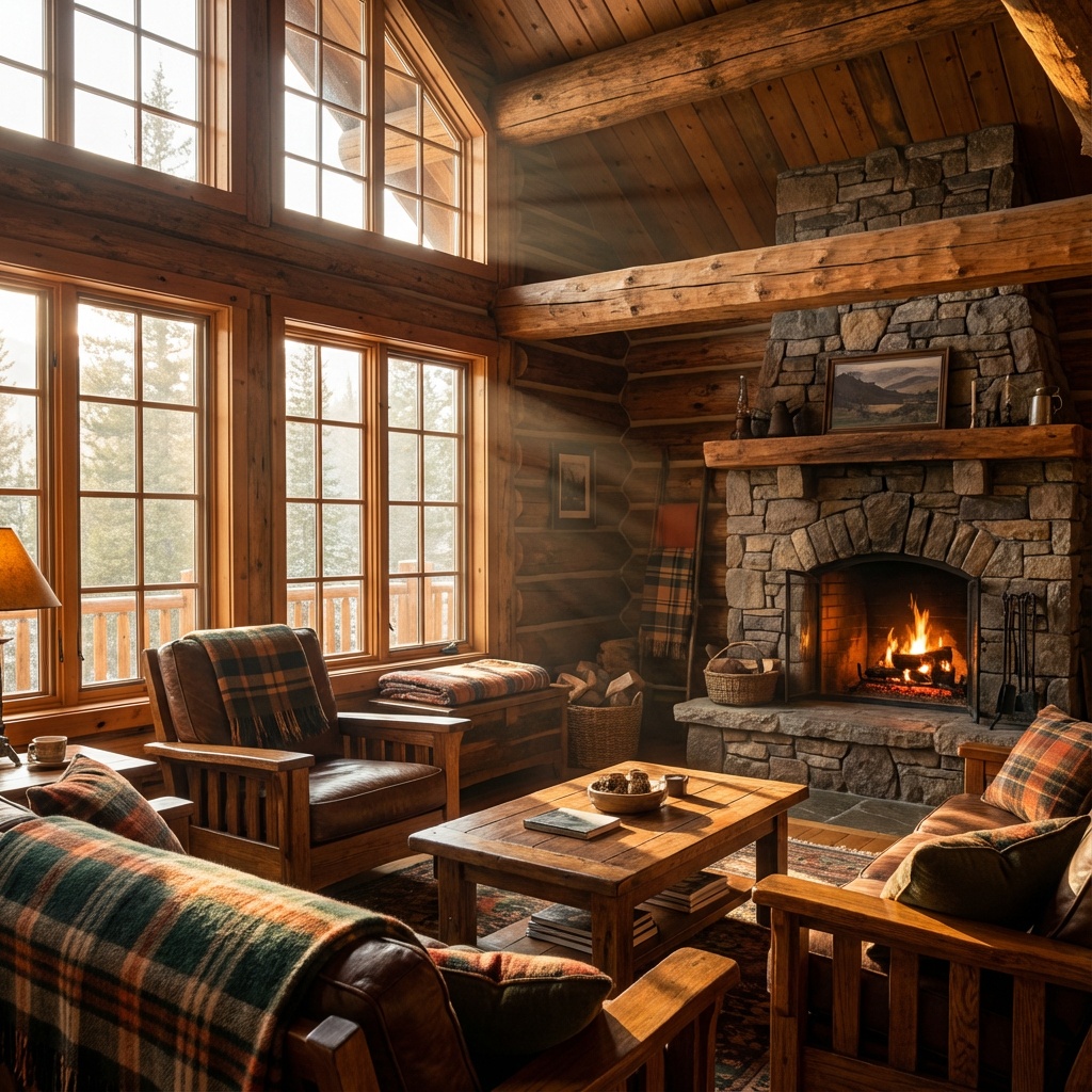 A highly photorealistic interior image of a cozy rustic cabin set in a mountain lodge environment. Soft morning light pours through wooden-framed windows, illuminating rough-hewn timber beams, stone walls, and a crackling fireplace. Captured with a wide-angle lens to showcase handcrafted furniture, wool textiles, and a warm earthy color palette. The space feels intimate, comforting, and deeply connected to nature.. 2k resolution in 16.9 ratio