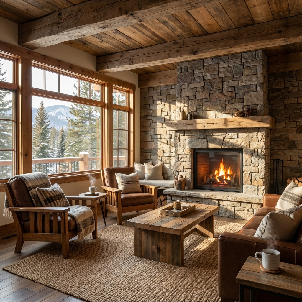 A hyperrealistic interior image of a cozy rustic cabin set in a mountain lodge environment. Soft morning light pours through wooden-framed windows, illuminating rough-hewn timber beams, stone walls, and a crackling fireplace. Captured with a wide-angle lens to showcase handcrafted furniture, wool textiles, and a warm earthy color palette. The space feels intimate, comforting, and deeply connected to nature.