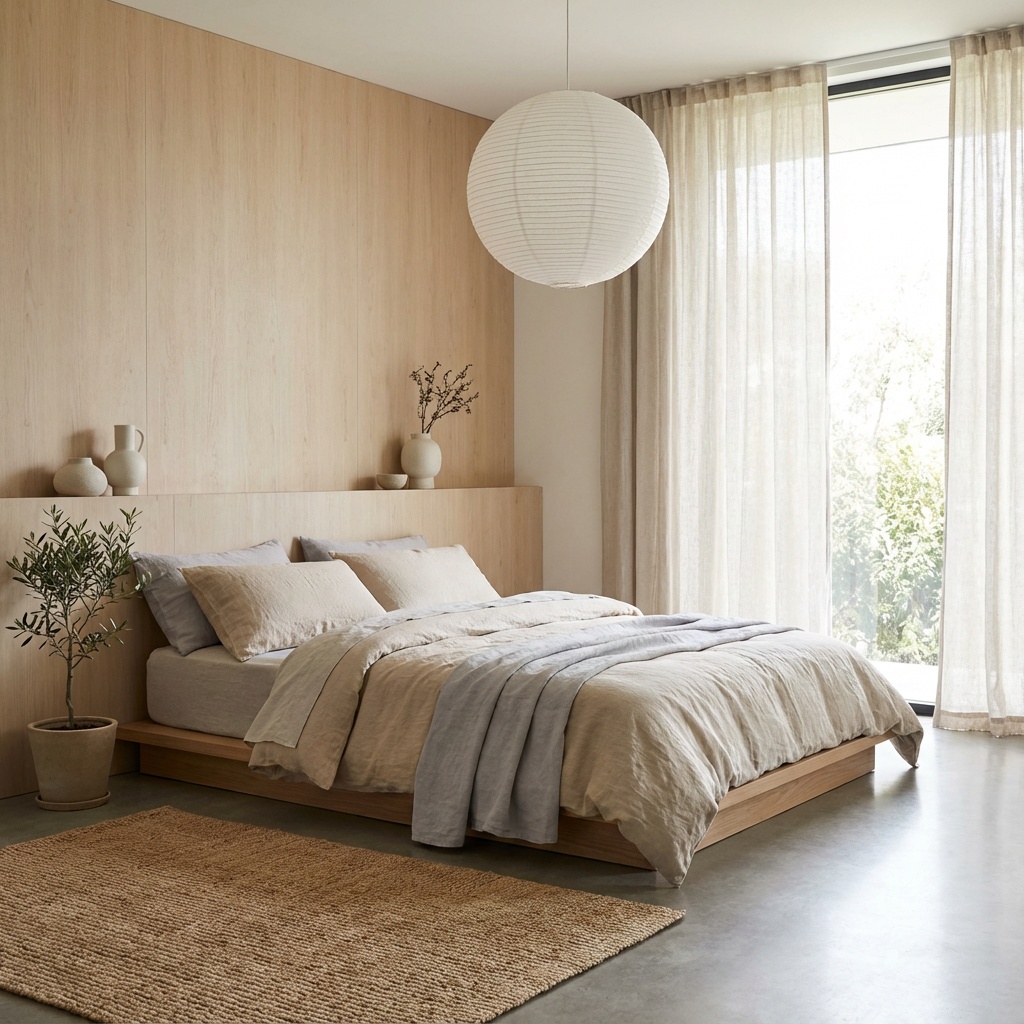 An incredibly lifelike, photorealistic interior photo of a serene Japandi-style bedroom. Gentle daylight washes over natural wood finishes, linen bedding, and muted neutral tones. The wide-angle composition highlights the uncluttered layout, low platform bed, and minimal decor inspired by Japanese simplicity and Scandinavian warmth. Subtle shadows and soft textures create a tranquil, meditative atmosphere ideal for rest and reflection.